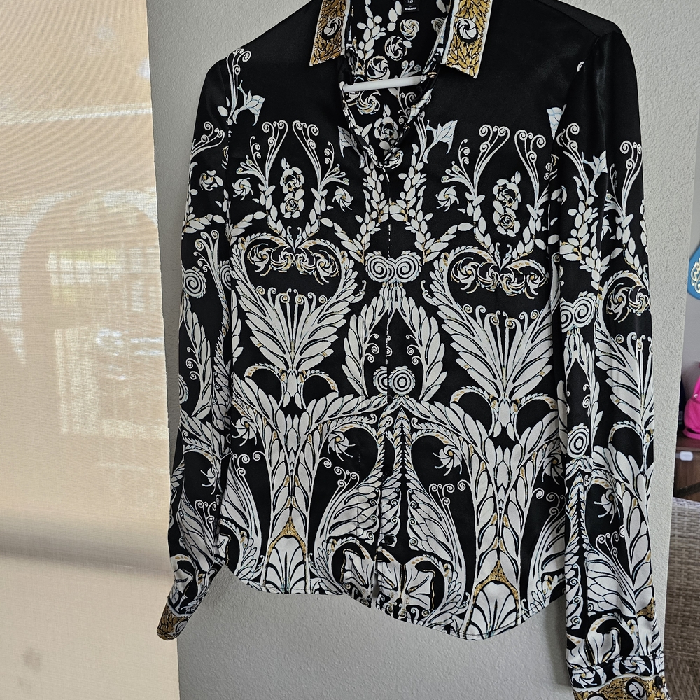 Just Cavalli Black and Gold Baroque Button Down Shirt